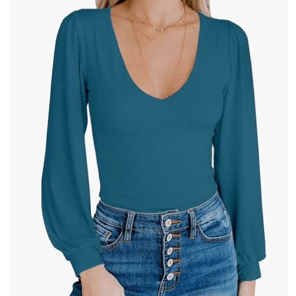 Women Plain Long Sleeve Slim Fit Bodysuits Basic V Neck Casual Jumpsuit Teal- si